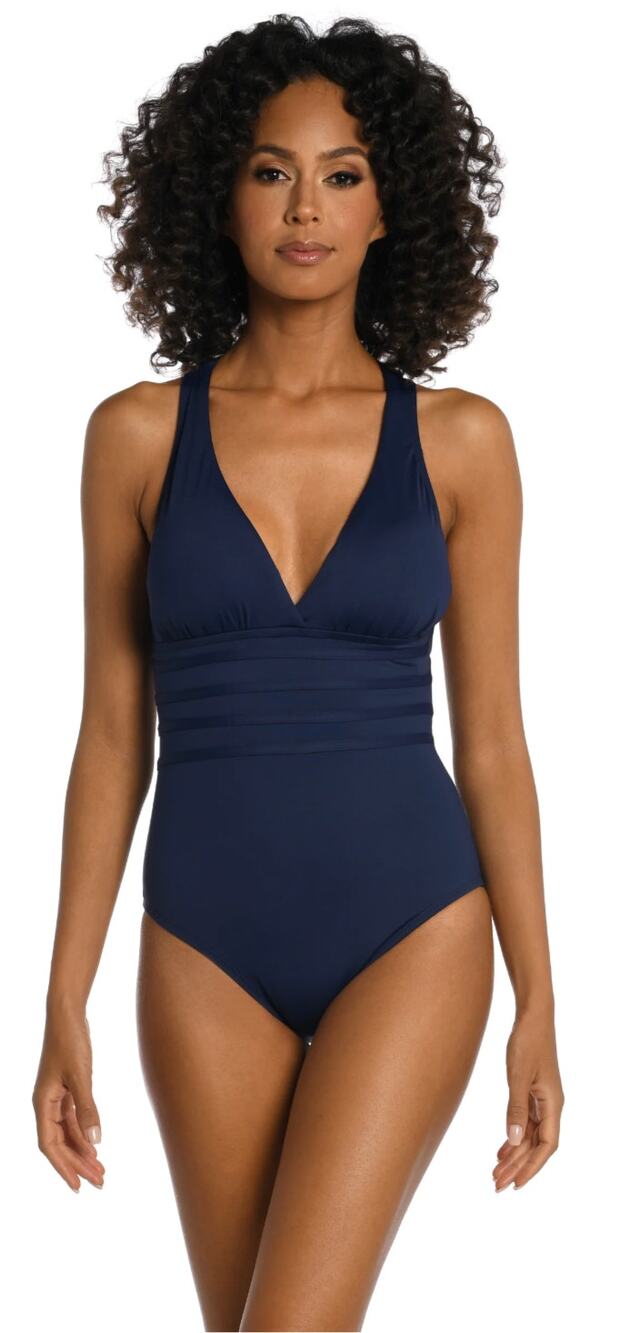 La Blanca Island Goddess Multi-Strap Cross-Back One Piece Swimsuit, Indigo, Sz 4